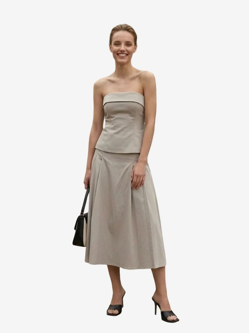 My Fashion Stone Natural MY FASHION Strapless Blouse and High-Waist Midi Skirt Set for Women | Best Price UAE