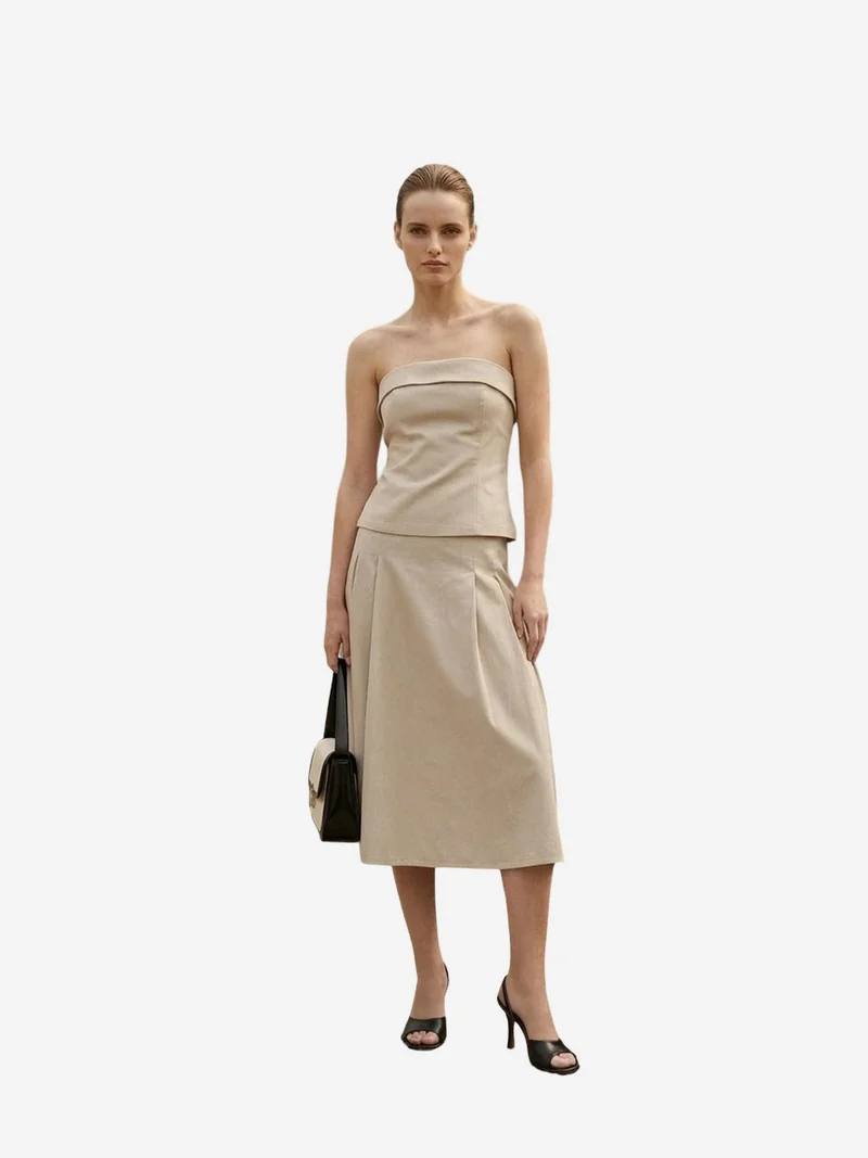 My Fashion Stone Natural MY FASHION Strapless Blouse and High-Waist Midi Skirt Set for Women | Best Price UAE