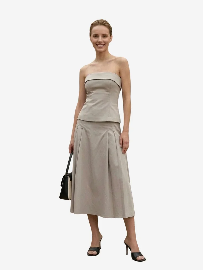 My Fashion Stone Natural MY FASHION Strapless Blouse and High-Waist Midi Skirt Set for Women | Best Price UAE