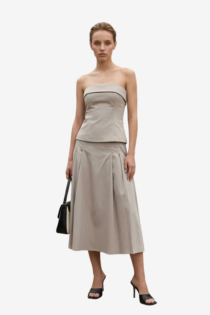 ماي فاشن MY FASHION Strapless Blouse and High-Waist Midi Skirt Set