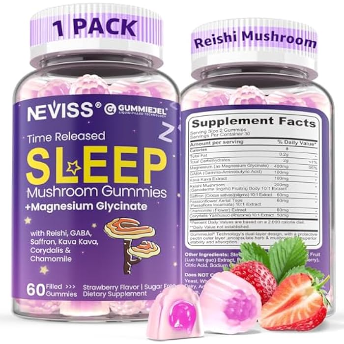 NEVISS Reishi Mushroom Sleep Gummies - Melatonin Free Sleep Gummies for Adult | Reishi, Saffron, Magnesium, GABA & Chamomile - Non-Habit Forming, Help for Deep Relaxation - Vegan, Berry Flavor, 1Pack - Image 1
