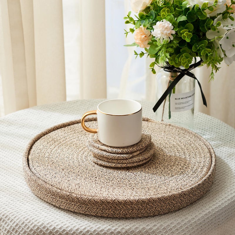 JIABOLANG Woven Cotton Rope Round Placemats Set of 9 Pcs with Holder Included, Handmade Boho Woven 13" Placemats&4.3" Coasters,Non-Slip and Heat Resistant for Your Perfect Table Decor(Brown&White) - Image 1
