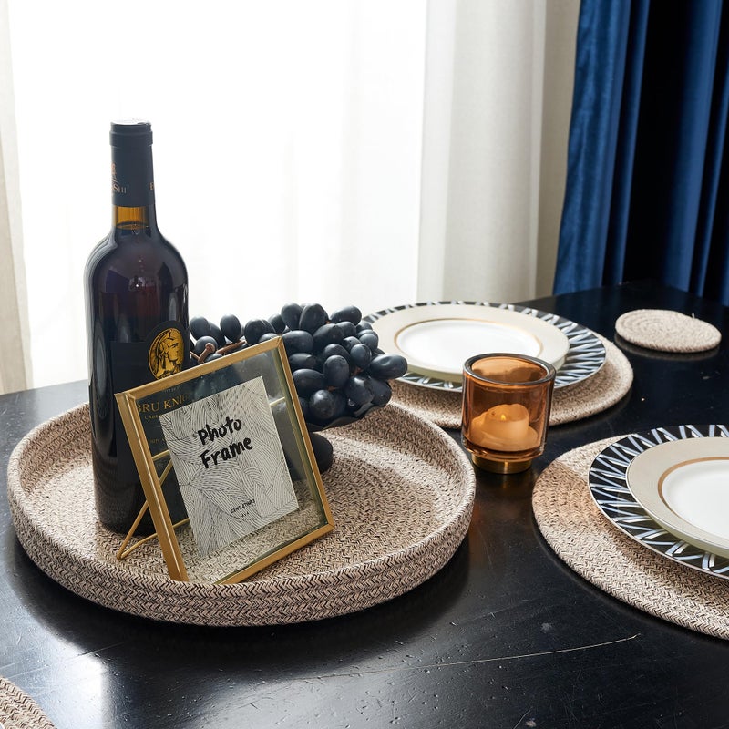 JIABOLANG Woven Cotton Rope Round Placemats Set of 9 Pcs with Holder Included, Handmade Boho Woven 13" Placemats&4.3" Coasters,Non-Slip and Heat Resistant for Your Perfect Table Decor(Brown&White) - Image 2