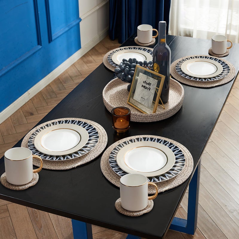 JIABOLANG Woven Cotton Rope Round Placemats Set of 9 Pcs with Holder Included, Handmade Boho Woven 13" Placemats&4.3" Coasters,Non-Slip and Heat Resistant for Your Perfect Table Decor(Brown&White) - Image 4
