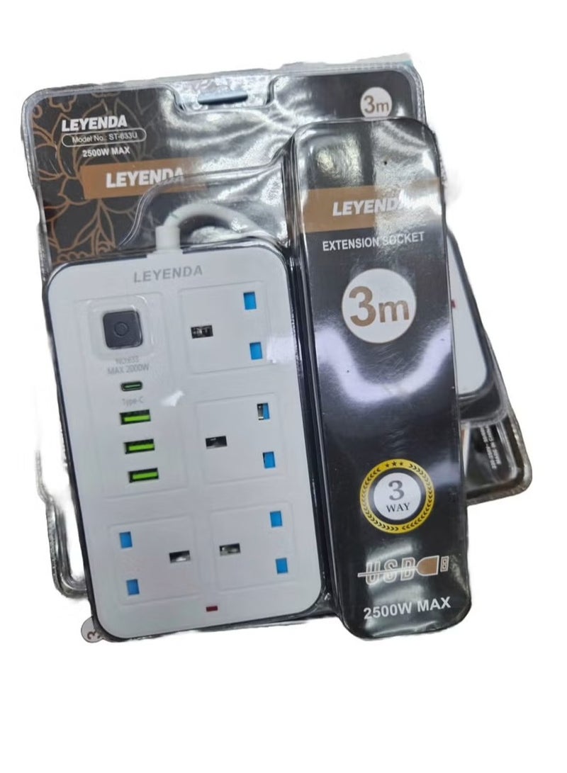 LEYENDA 3-Way 3Meter Extension Socket Power Strip | 8 Output Multi-Plug Extension (3 AC + 4 USB + 1 Type-C) | 2500W Surge Protected Power Hub | Universal Plug Adapter for Home, Office & Electronics - Image 5