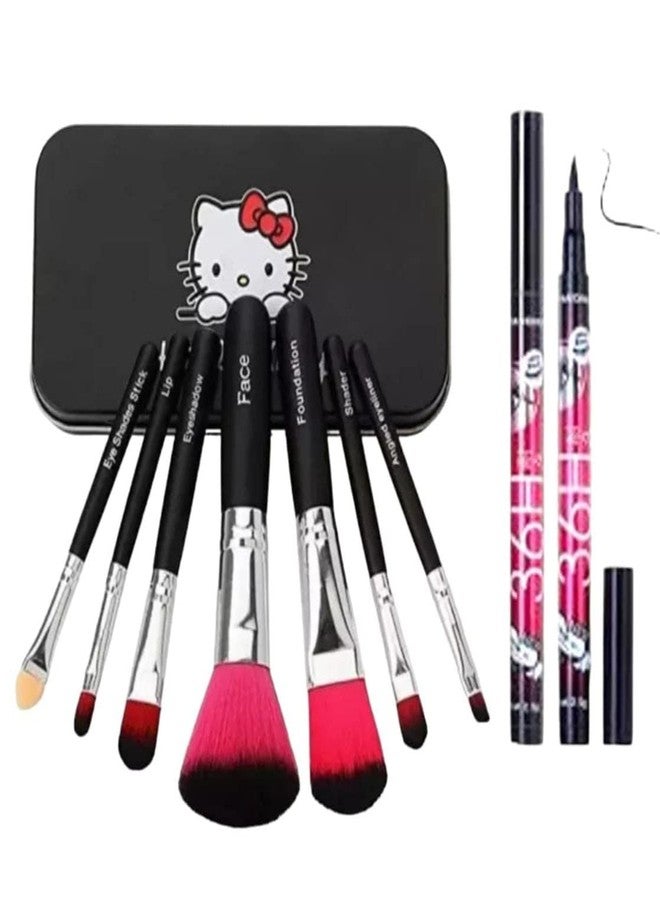 Ooplore Women's & Girl's Soft Bristles 7 Black Makeup Brushes Set with 1 Black 36H Liquid Eyeliner Pencil - (Pack of 8) - Image 1