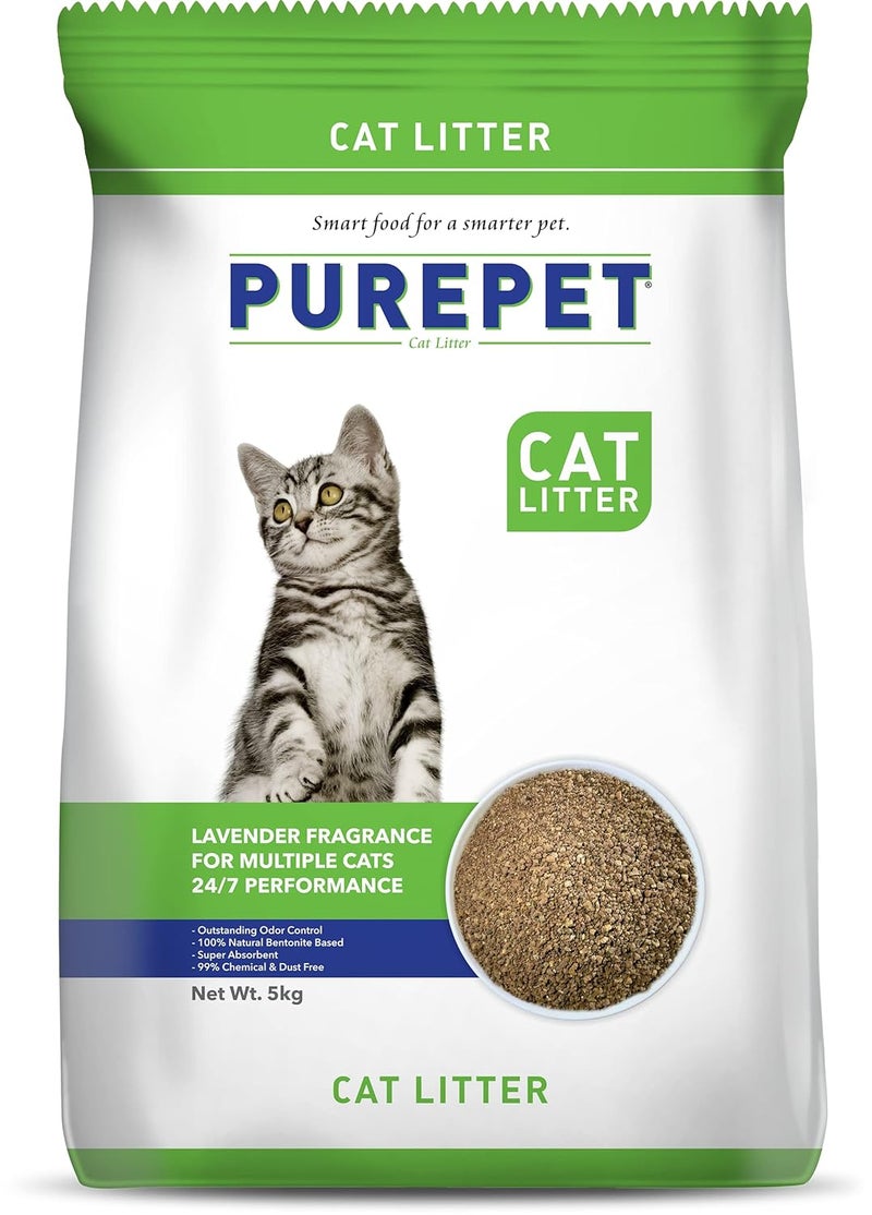 PUREPET رمل قطط لجميع سلالات القطط برائحة اللافندر - عبوة 5 كجم لتعبئة صينية فضلات الحيوانات الأليفة - Image 1