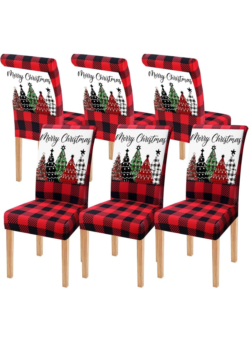 Moukeren Moukeren 6 Pcs Christmas Dining Chair Covers Buffalo Plaid Trees Chair Covers Stretch Removable Washable Chair Slipcover for Christmas Holiday Party Dining Room Kitchen Home DecorRed and Black  - Image 1