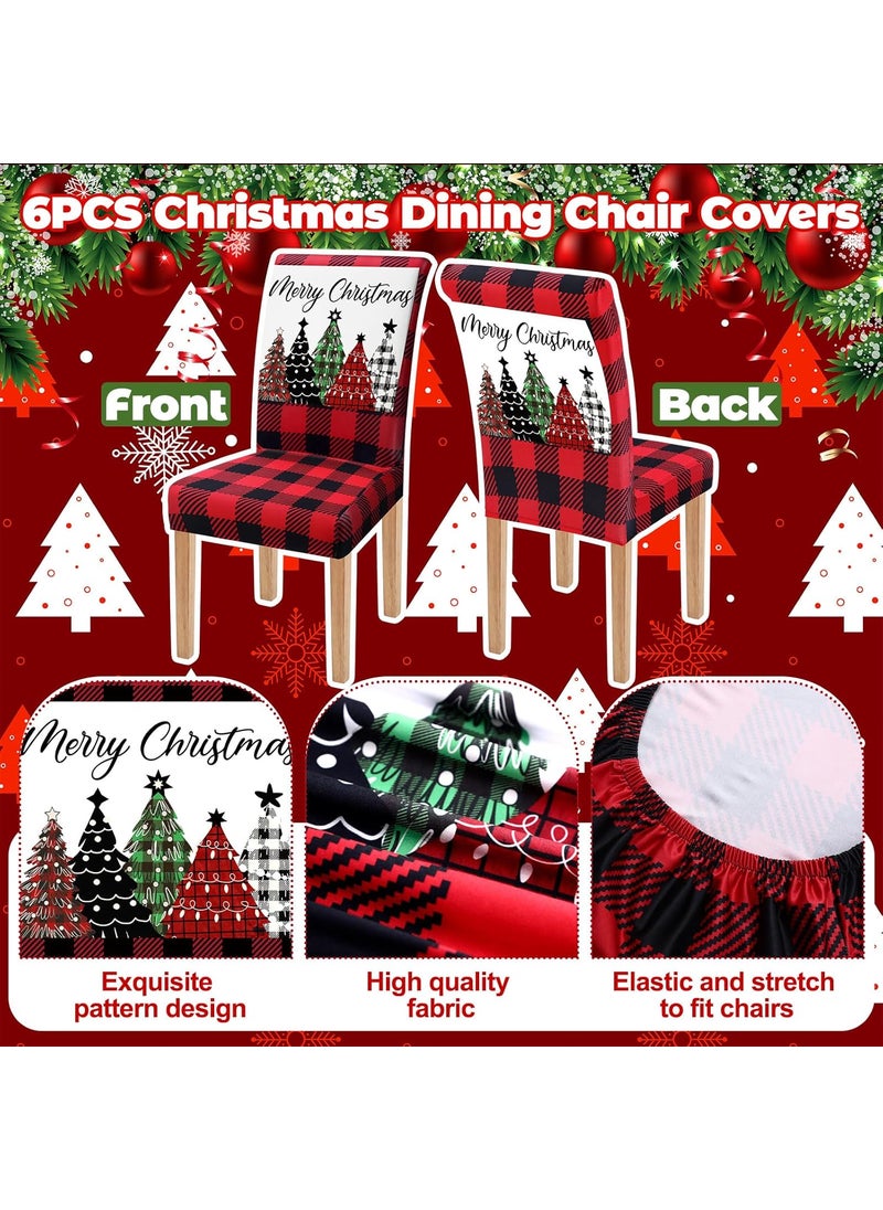 Moukeren Moukeren 6 Pcs Christmas Dining Chair Covers Buffalo Plaid Trees Chair Covers Stretch Removable Washable Chair Slipcover for Christmas Holiday Party Dining Room Kitchen Home DecorRed and Black  - Image 3