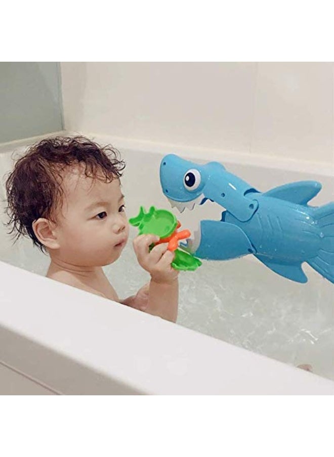 INvench - INvench Shark Grabber Baby Bath Toys - Blue Shark with Teeth Biting Action Include 4 Toy Fish - Bath Toys for Kids Ages 4-8 Boys Girls Toddlers Pool Toys - Image 1