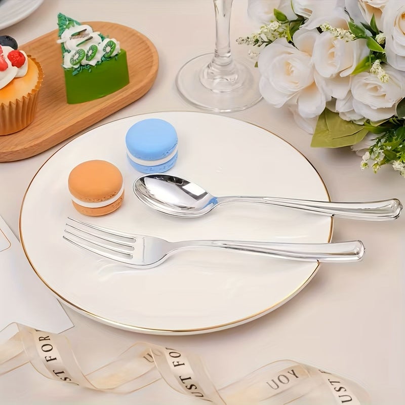 50 Pcs Silvery Plastic Fork and Spoon Cutlery Set 25 Forks 25 Spoons Table Service for Family Dinners Birthdays Parties and Holidays - Image 5
