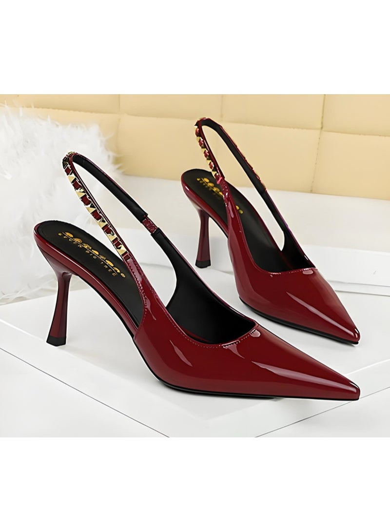 بيج تري المرأة مغلقة موجهة إصبع القدم مضخات الخلفية الكعب العالي الصنادل مع ريفيت كاحل حزام النبيذ الأحمر 8CM - Image 2