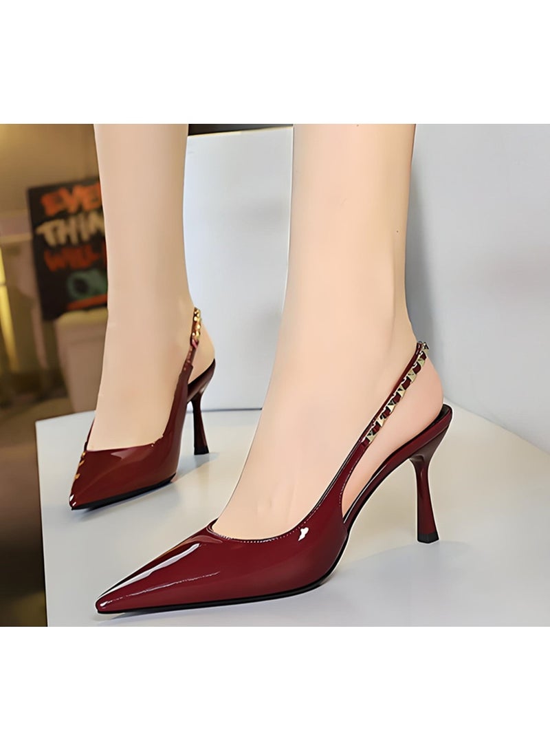 بيج تري المرأة مغلقة موجهة إصبع القدم مضخات الخلفية الكعب العالي الصنادل مع ريفيت كاحل حزام النبيذ الأحمر 8CM - Image 3