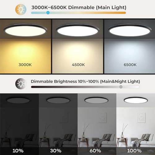 Matane 15.4in LED Flush Mount Ceiling Light Fixture with Remote, 2000K Warm Nightlight, Dimmable 3000K-6500K Low Profile Ceiling Lights for Bedroom, Living Room, 3600LM Black - Image 4