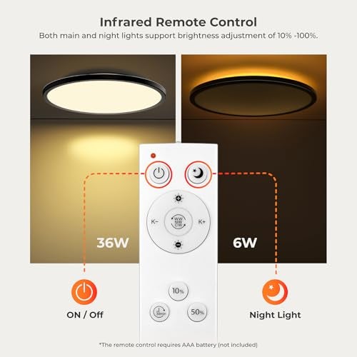 Matane 15.4in LED Flush Mount Ceiling Light Fixture with Remote, 2000K Warm Nightlight, Dimmable 3000K-6500K Low Profile Ceiling Lights for Bedroom, Living Room, 3600LM Black - Image 5