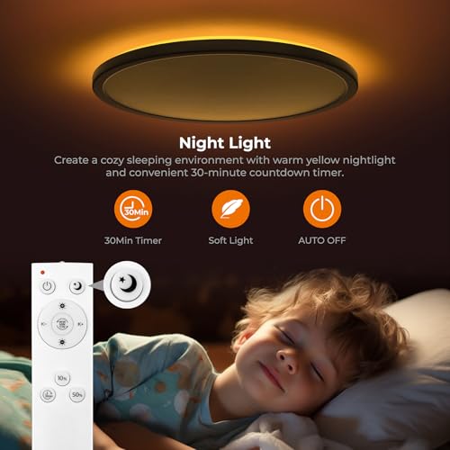 Matane 15.4in LED Flush Mount Ceiling Light Fixture with Remote, 2000K Warm Nightlight, Dimmable 3000K-6500K Low Profile Ceiling Lights for Bedroom, Living Room, 3600LM Black - Image 3