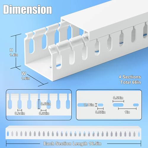 ZhiYo 66in(4X L16.5in) Professional Server Rack Cable Management Raceway, H1.4in x W1.6in Cable Raceway Kit, Electrically Safe PVC Open Slot Wire Raceway for Under Desk/Computer/Network Cords, White - Image 2
