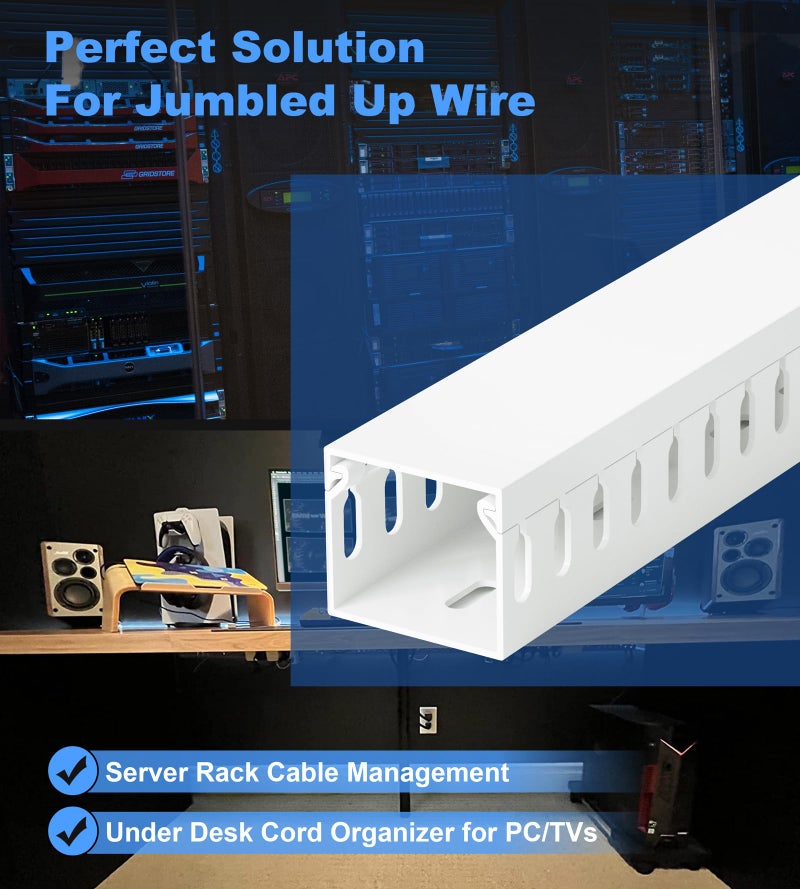 ZhiYo 66in(4X L16.5in) Professional Server Rack Cable Management Raceway, H1.4in x W1.6in Cable Raceway Kit, Electrically Safe PVC Open Slot Wire Raceway for Under Desk/Computer/Network Cords, White - Image 4