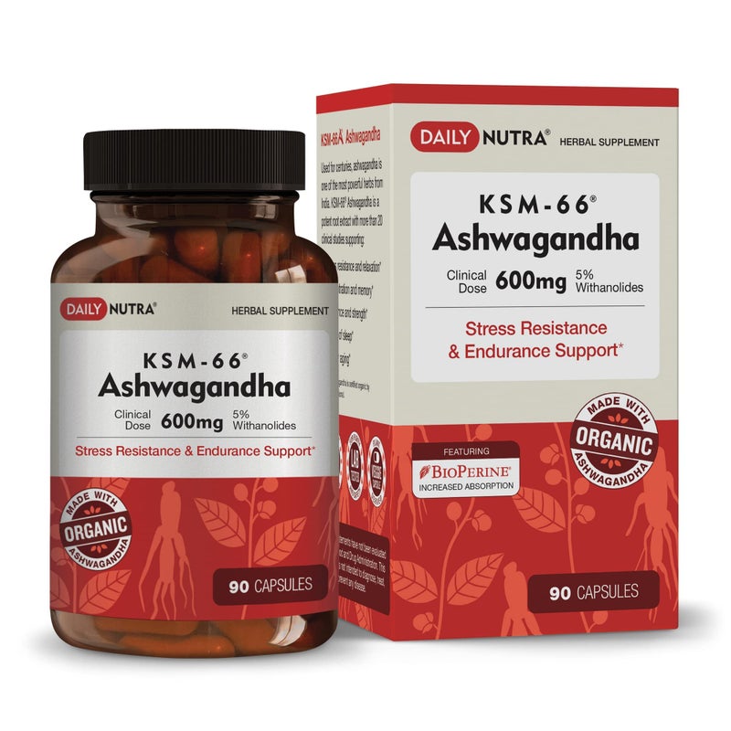 DailyNutra KSM66 Ashwagandha 600mg Organic Root Extract High Potency Supplement with 5 Withanolides Relieves Tiredness Supports Relaxation Focus Energy Muscle Growth 90 Capsules