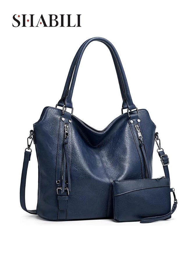 SHABILI Women Shoulder Bag Tote Satchel Wallet Set, Ladies Crossbody Sling Bag with Card Holder, PU Leather Large-Capacity Multiple Pockets Daily College Work School Travel Shopping Party Casual Use (Blue) - Image 1