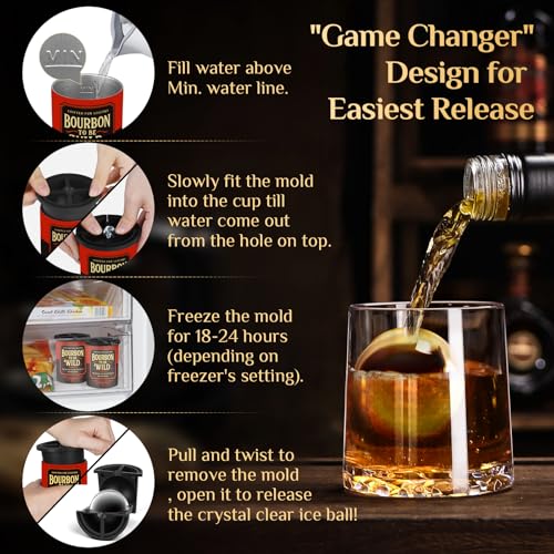 Unigul Clear Ice Cube Maker, 2.5" Stainless Steel Crystal Clear Ice Ball Maker, Non-BPA Silicone Ice Cube Molds for Whiskey Easy Release Ice Maker, Bourbon Gifts for Men (Black, 2 PACK-BOURBON) - Image 5
