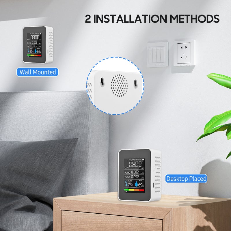Portable Air Quality Monitor Indoor CO2 Detector 5 in 1 Formaldehyde HCHO TVOC Tester LCD Temperature Humidity Tester Rechargeable CO2 Alarm Meter for Room Office Greenhouse Warehouse - Image 5