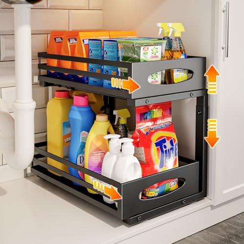 Under Sink Organizer 2 Tier Under Sink Organizers and Storage Adjustable Height Slide out Metal Cabinet Organizers Pull out Cabinet Storage Drawer Shelf for Kitchen Bathroom
