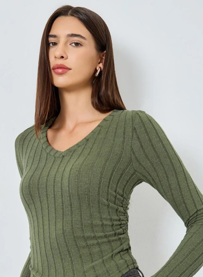 Take Two Solid V-Neck Long Sleeve Ribbed Top