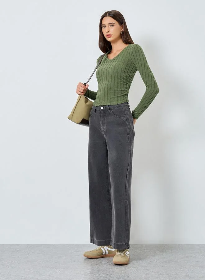 Take Two Solid V-Neck Long Sleeve Ribbed Top