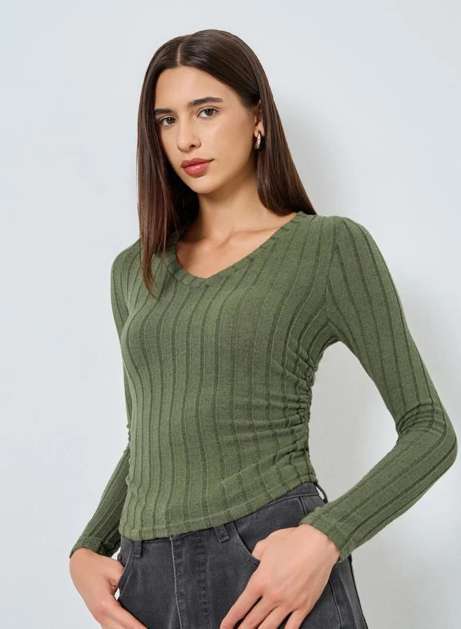 Take Two Solid V-Neck Long Sleeve Ribbed Top