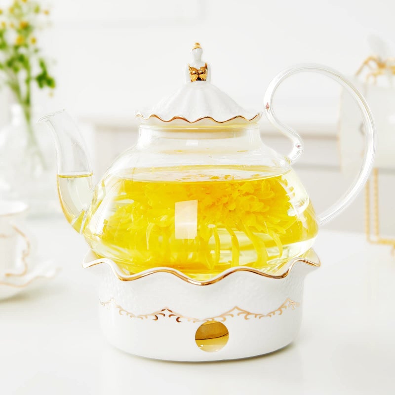DUJUST Blooming Tea Pot Set Luxury British Design with Relief Decor  Gold Trims HandCrafted Clear Teapot with Warmer 40oz Glass Teapot with Infuser StoveSafe Tea Party Gift  Home Dcor