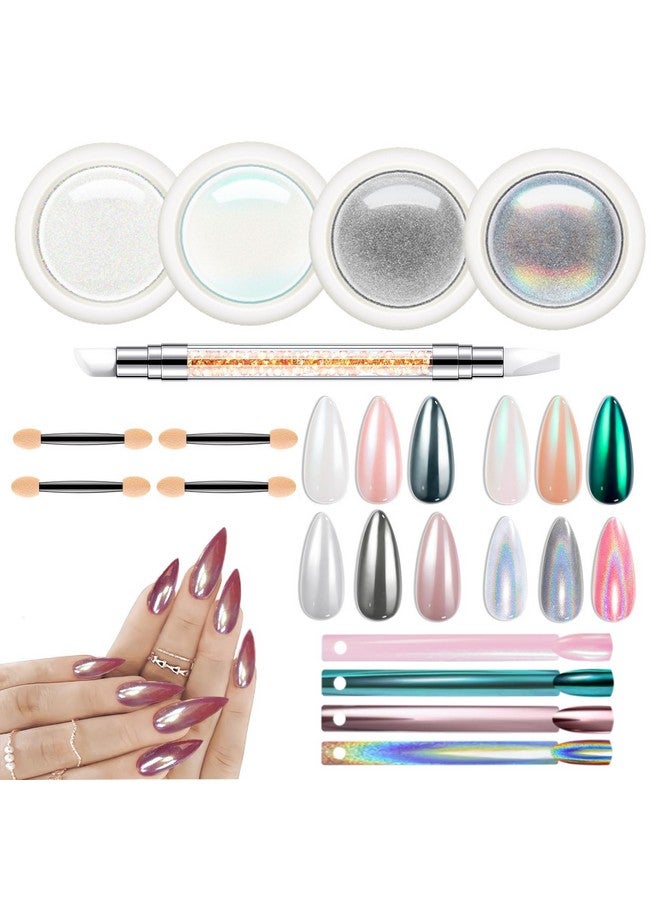 modelones Chrome Powder for Nails 4 pcs, Magic White Pearl Chrome Nail Powder Kit Mirror Effect Chrome Powder Holographic Nail Powder Pigment Glitter Nail Powder Nailr Art Decoration - Image 1