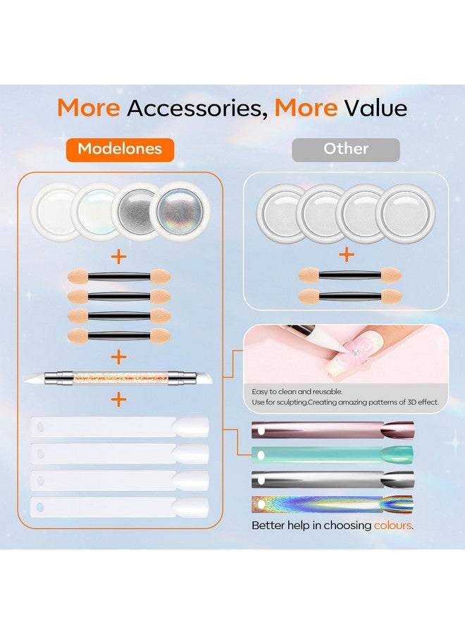 modelones Chrome Powder for Nails 4 pcs, Magic White Pearl Chrome Nail Powder Kit Mirror Effect Chrome Powder Holographic Nail Powder Pigment Glitter Nail Powder Nailr Art Decoration - Image 2