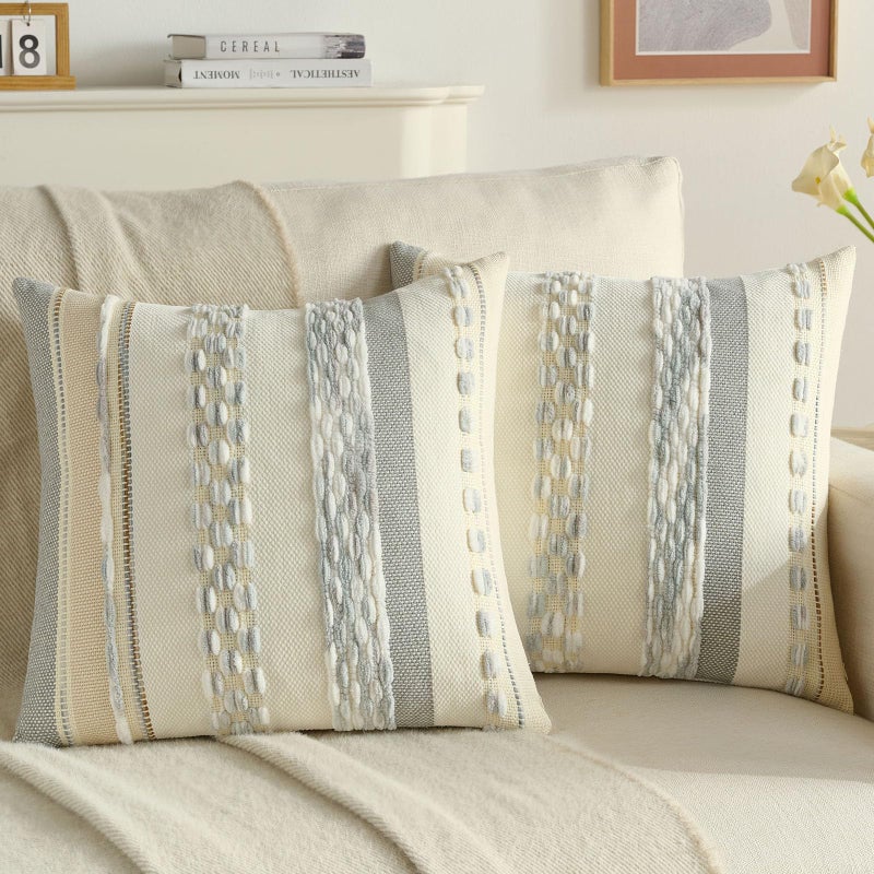 FUTEI Grey Blue White Decorative Throw Pillow Covers 18x18 Inch Set of 2, Soft Tufted Striped Textured Accent Cushion Case,Boho Pillows for Couch Decor - Image 1