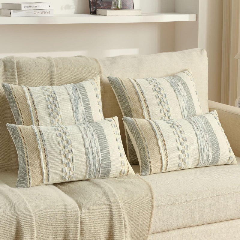 FUTEI Grey Blue White Decorative Throw Pillow Covers 18x18 Inch Set of 2, Soft Tufted Striped Textured Accent Cushion Case,Boho Pillows for Couch Decor - Image 5