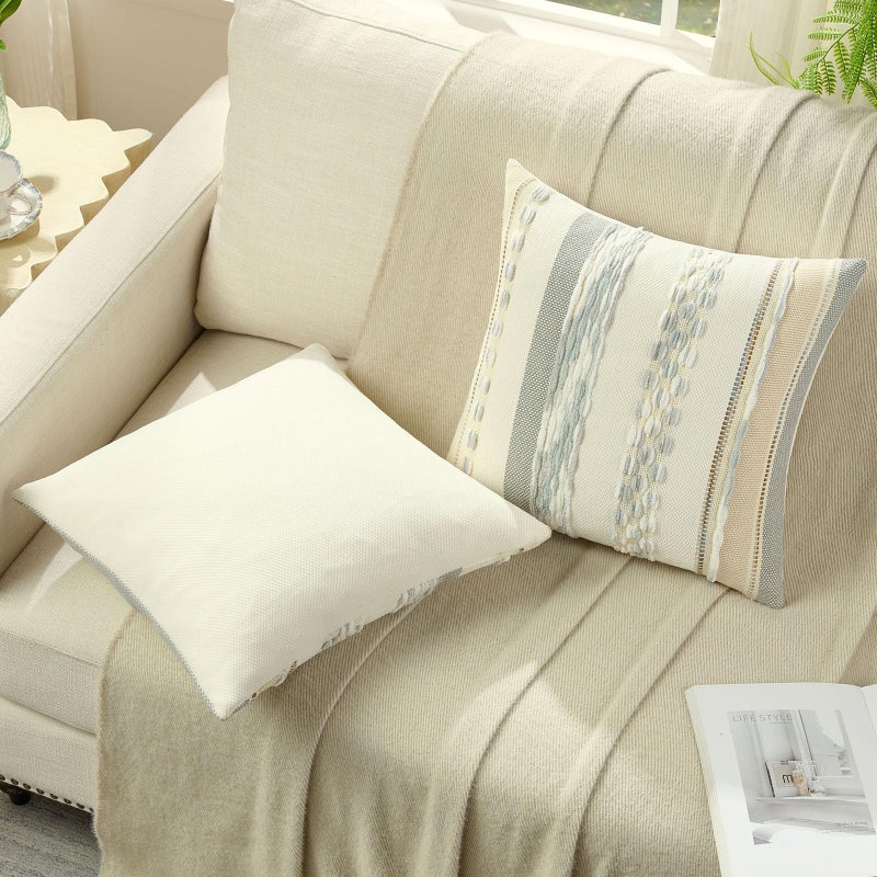 FUTEI Grey Blue White Decorative Throw Pillow Covers 18x18 Inch Set of 2, Soft Tufted Striped Textured Accent Cushion Case,Boho Pillows for Couch Decor - Image 4