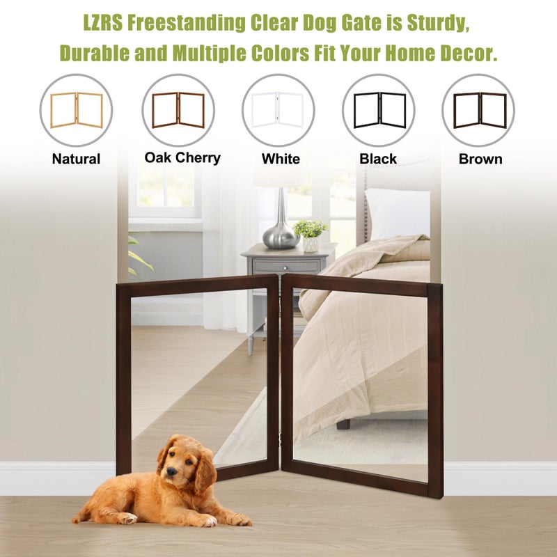 LZRS Clear Dog Gate for Indoor Use - Transparent Pet Fence with Solid Hardwood and Plastic Board, Stylish & Durable freestanding Pet Gate for Doorways, Stairs and Hallways-2 Panel Brown - Image 3