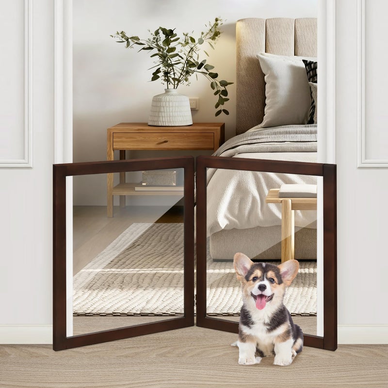 LZRS Clear Dog Gate for Indoor Use - Transparent Pet Fence with Solid Hardwood and Plastic Board, Stylish & Durable freestanding Pet Gate for Doorways, Stairs and Hallways-2 Panel Brown - Image 1