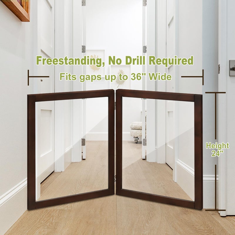 LZRS Clear Dog Gate for Indoor Use - Transparent Pet Fence with Solid Hardwood and Plastic Board, Stylish & Durable freestanding Pet Gate for Doorways, Stairs and Hallways-2 Panel Brown - Image 2