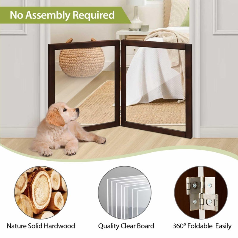 LZRS Clear Dog Gate for Indoor Use - Transparent Pet Fence with Solid Hardwood and Plastic Board, Stylish & Durable freestanding Pet Gate for Doorways, Stairs and Hallways-2 Panel Brown - Image 4