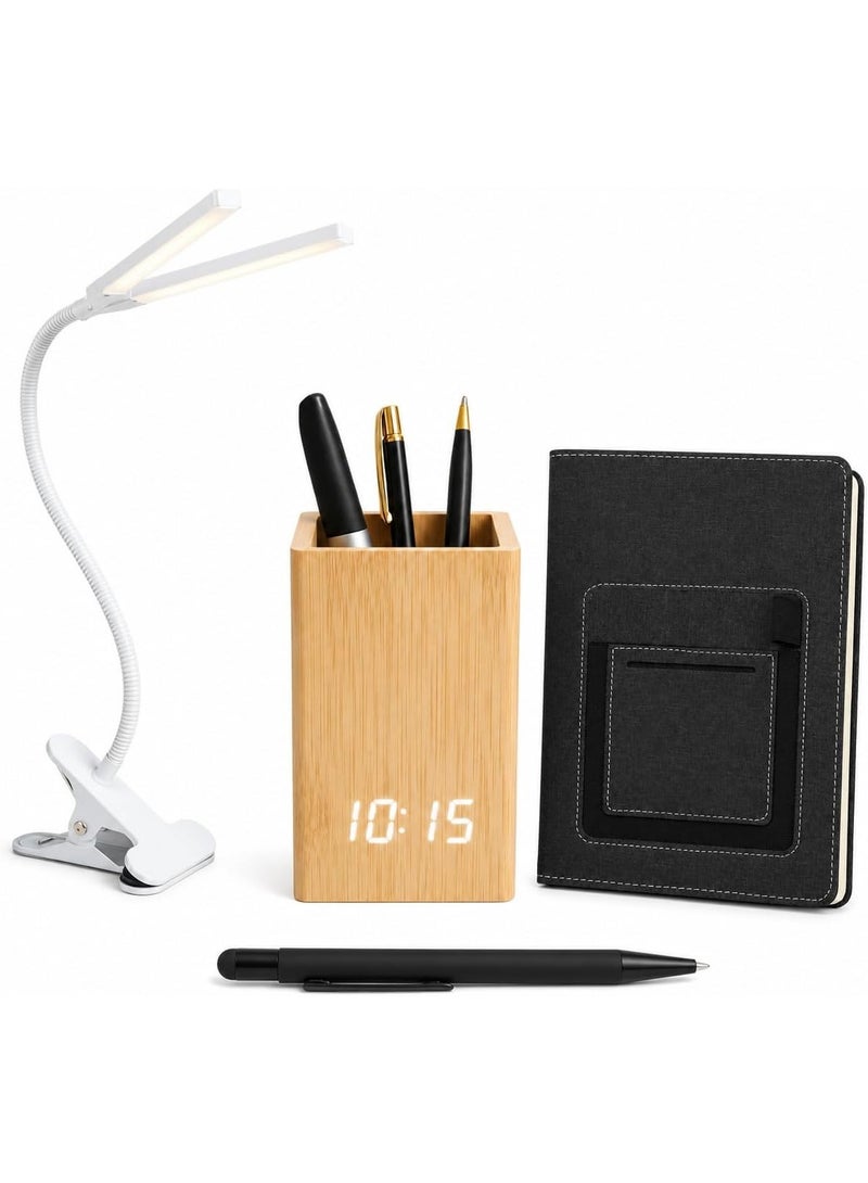 4-in-1 Desk & Study Set: Flexible clip-on desk lamp + LED digital clock with pen holder + notebook + stylus-tip ballpoint pen – a complete set for work, study, and desk organization. - Image 1