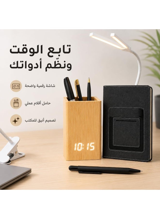 4-in-1 Desk & Study Set: Flexible clip-on desk lamp + LED digital clock with pen holder + notebook + stylus-tip ballpoint pen – a complete set for work, study, and desk organization. - Image 2