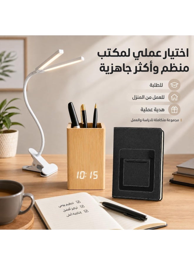 4-in-1 Desk & Study Set: Flexible clip-on desk lamp + LED digital clock with pen holder + notebook + stylus-tip ballpoint pen – a complete set for work, study, and desk organization. - Image 5