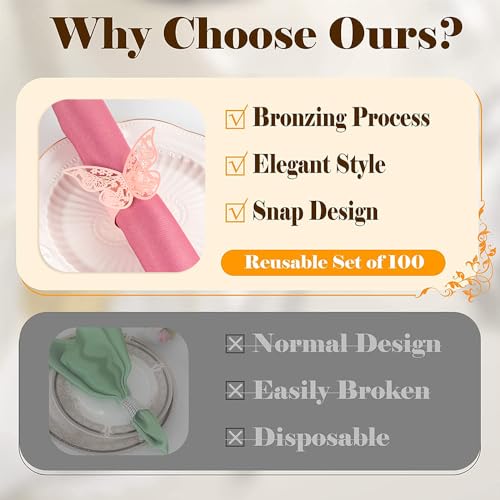NPKRRSK 100 Pcs Napkin Rings Laser Cut Butterfly Shape Foil Paper Napkin Holder for Weddings Party Serviette Table Decoration Restaurant (Pink) - Image 3
