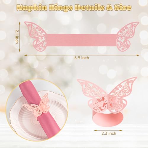 NPKRRSK 100 Pcs Napkin Rings Laser Cut Butterfly Shape Foil Paper Napkin Holder for Weddings Party Serviette Table Decoration Restaurant (Pink) - Image 5