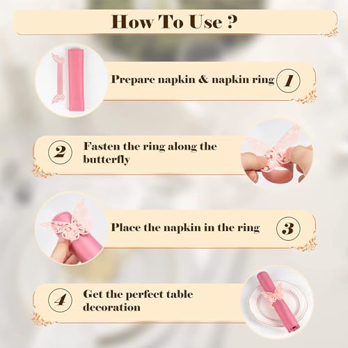 NPKRRSK 100 Pcs Napkin Rings Laser Cut Butterfly Shape Foil Paper Napkin Holder for Weddings Party Serviette Table Decoration Restaurant (Pink) - Image 4