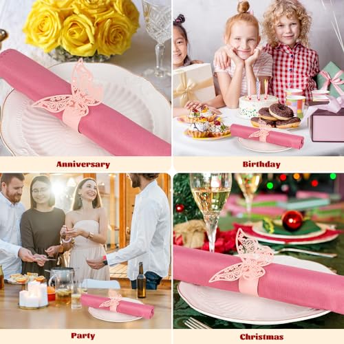 NPKRRSK 100 Pcs Napkin Rings Laser Cut Butterfly Shape Foil Paper Napkin Holder for Weddings Party Serviette Table Decoration Restaurant (Pink) - Image 2