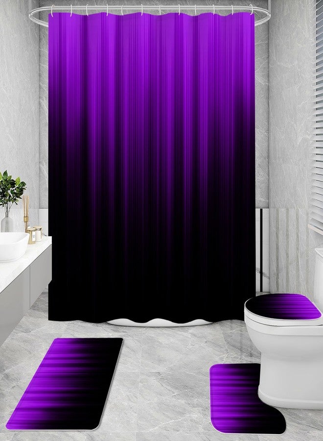 Litabel 4 Pcs Purple and Black Gradient Shower Curtain Set with Rugs and Toilet Lid Cover, Modern Simple Waterproof Fabric Bathroom Set, Ombre Stripe Gothic Abstract Bathroom Decor Set Accessories - Image 2