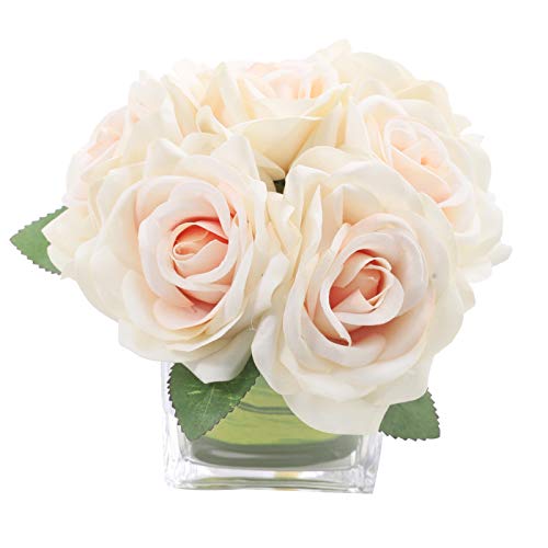Fule Artificial Velvet Rose Flower Centerpiece Arrangement in vase for Home Wedding Decoration (Champagne) - Image 1
