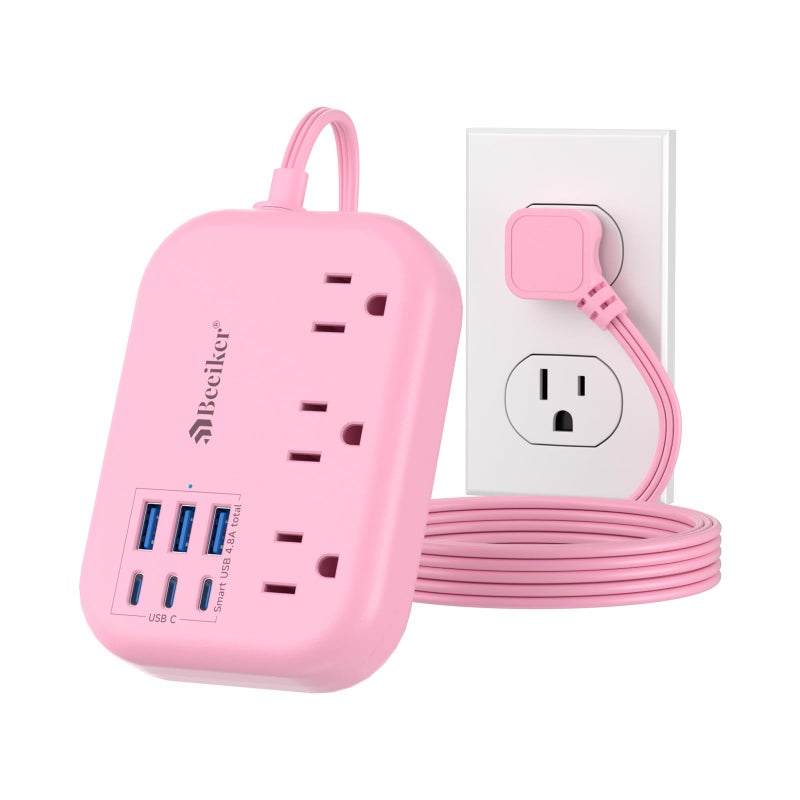 Beeiker 6 USB(3 USB C) Pink Power Strip- 5Ft Extension Cord with 6 USB Charging Station 24W/4.8A and 3 Outlets, Desk Accessories for Cruise Travel Pink Cute Kawaii College Dorm Desk Home Essentials - Image 1